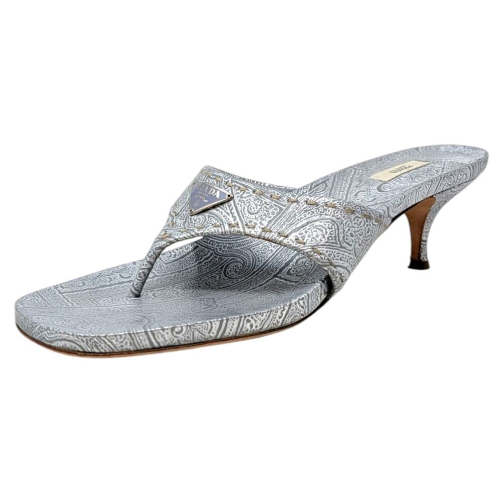 Vintage Prada Logo Kitten Heel Flip Flops Square Toe Sandal Mule Silver Blue 40